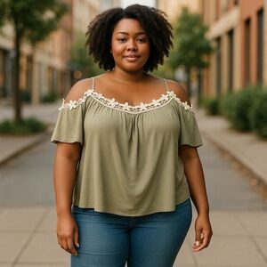 SHEIN CURVE+ Plus Size 4X Cold Shoulder white Lace accent trim sage green Blouse